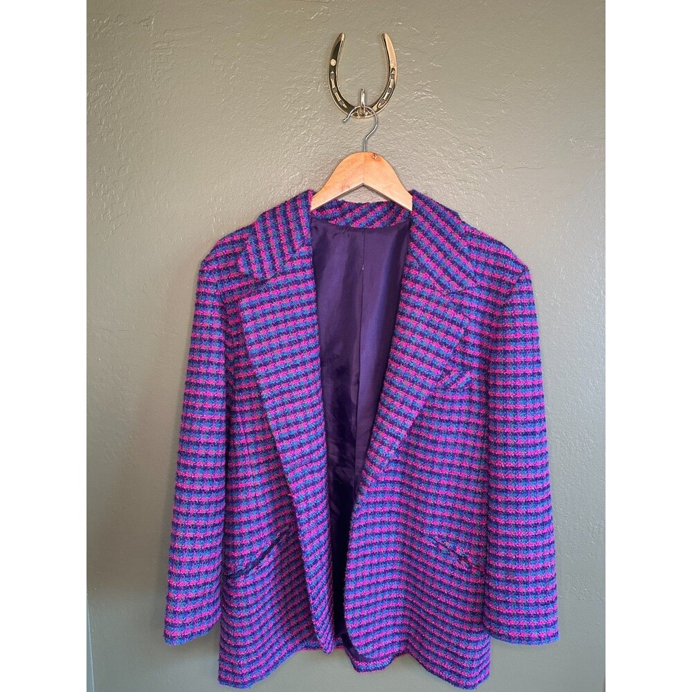 Vintage women's small tweed wool lined jacket blazer vibrant retro houndstooth
